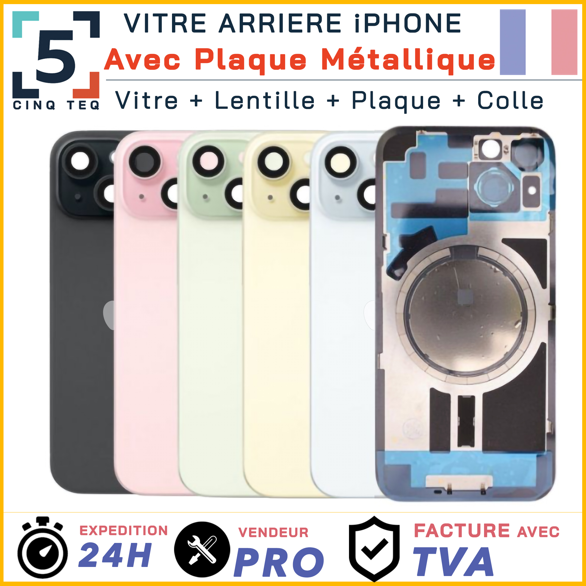 Vitre Arriere +Plaque Métalliq Remplacement iPhone 14 15 16 17 Pro Max Plus cole