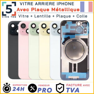 Vitre Arriere +Plaque Métalliq Remplacement iPhone 14 15 16 17 Pro Max Plus cole