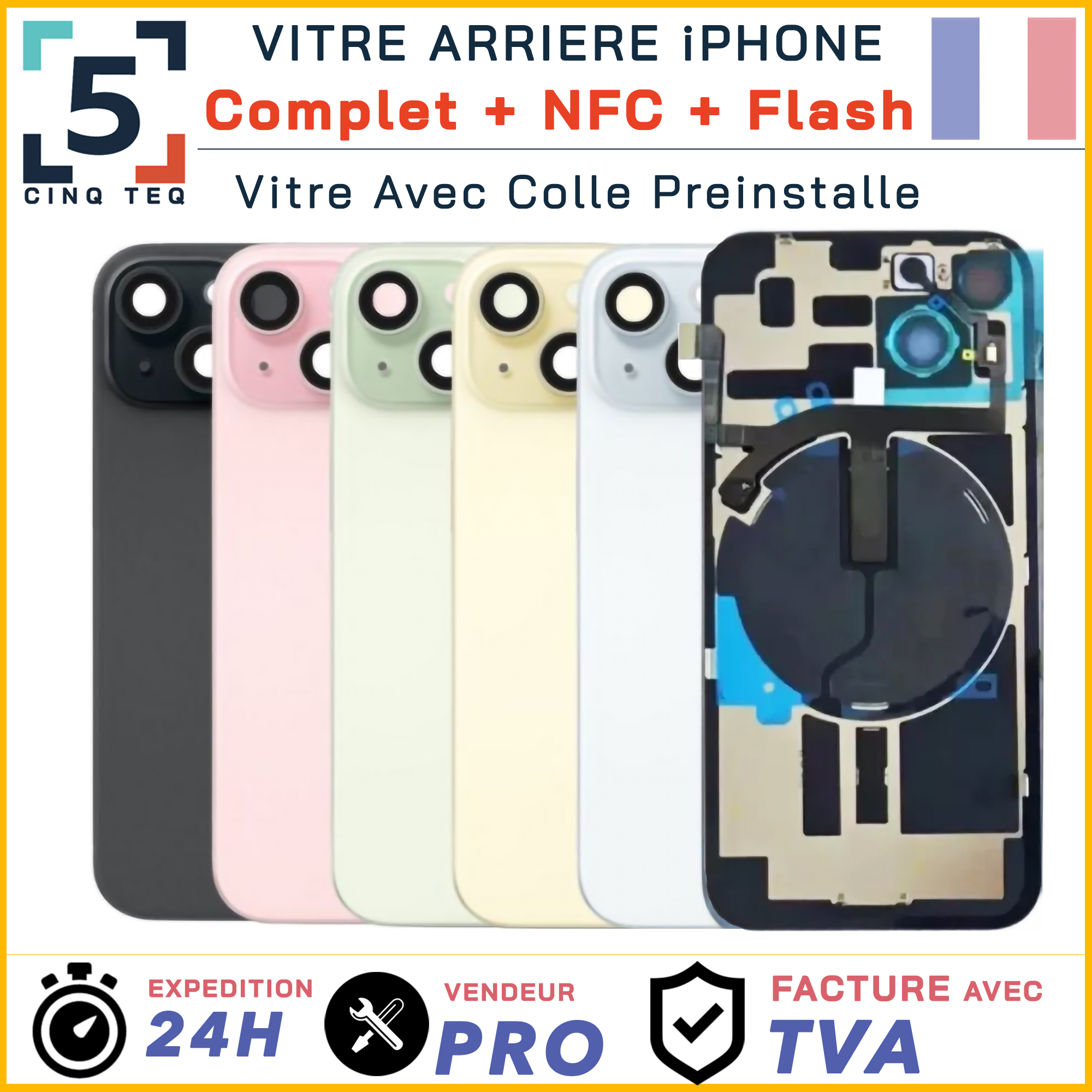 Vitre Arriere Remplacement Complet iPhone 14 15 16 17 Pro Max Plus +NFC +Flash