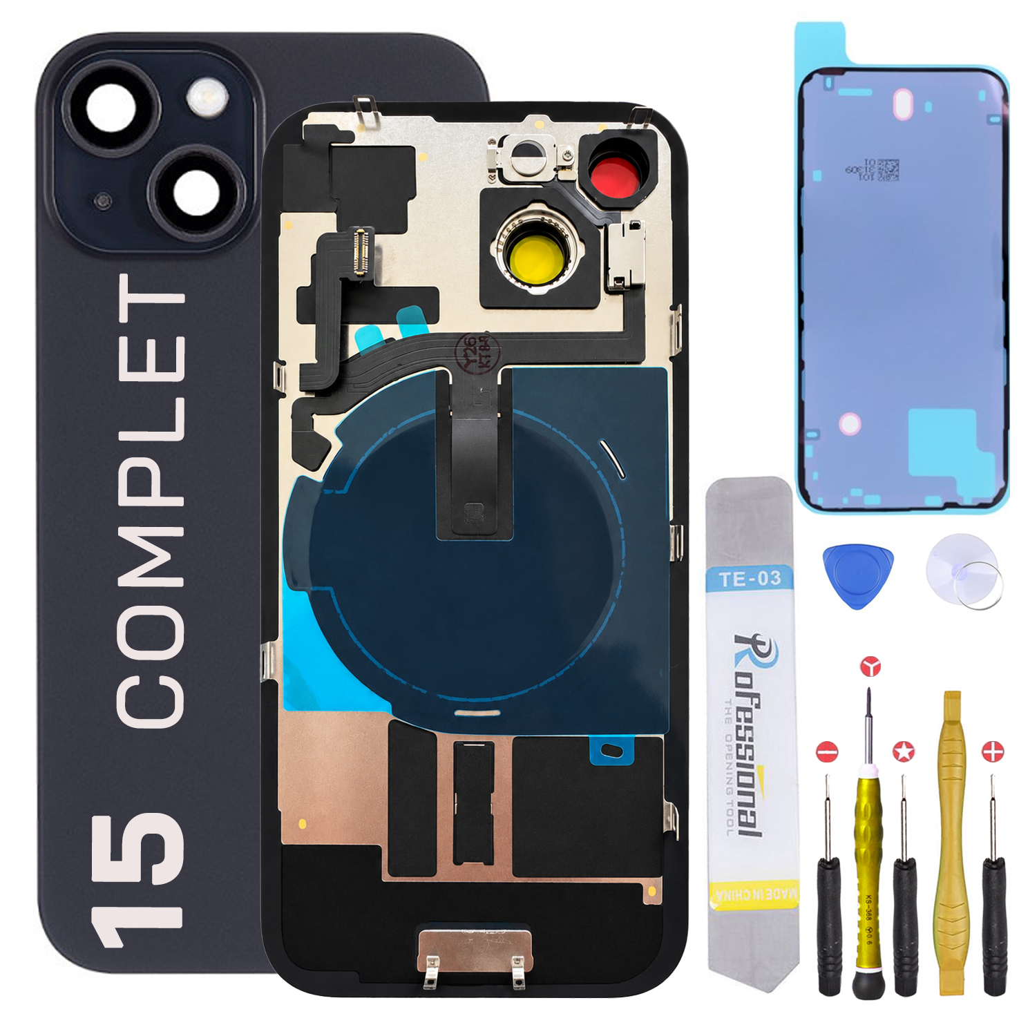 Vitre Arriere Remplacement iPhone 15 Complet NFC Flash Joint + Kit