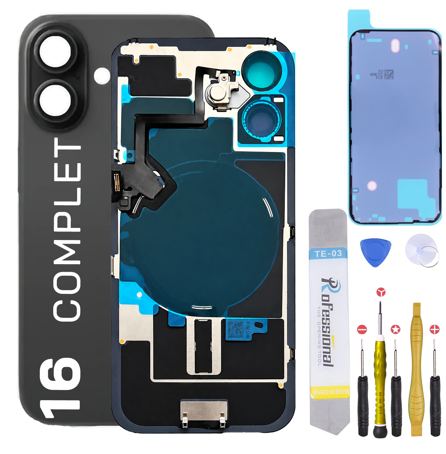 Vitre Arriere Remplacement iPhone 16 Complet NFC Flash Joint + Kit